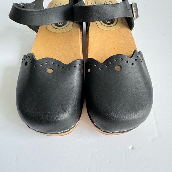 Skola Kajsa Clogs Mary Jane Sandals Black Leather Wood Sole Shoes Womens 36 6 - Picture 6 of 12